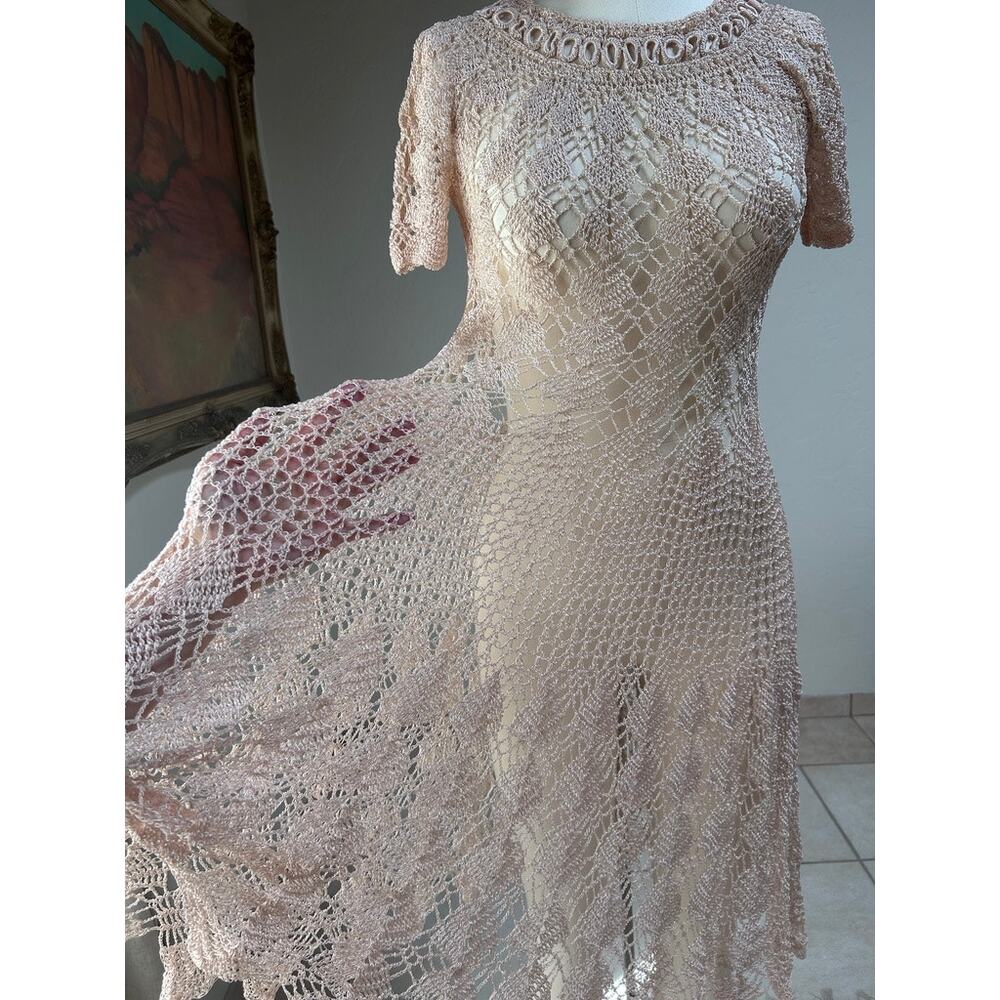 Vtg Sheer Crochet Lace Romantic Fairy Festival Layer Jagged Hem Dress Cream S - Picture 9 of 15